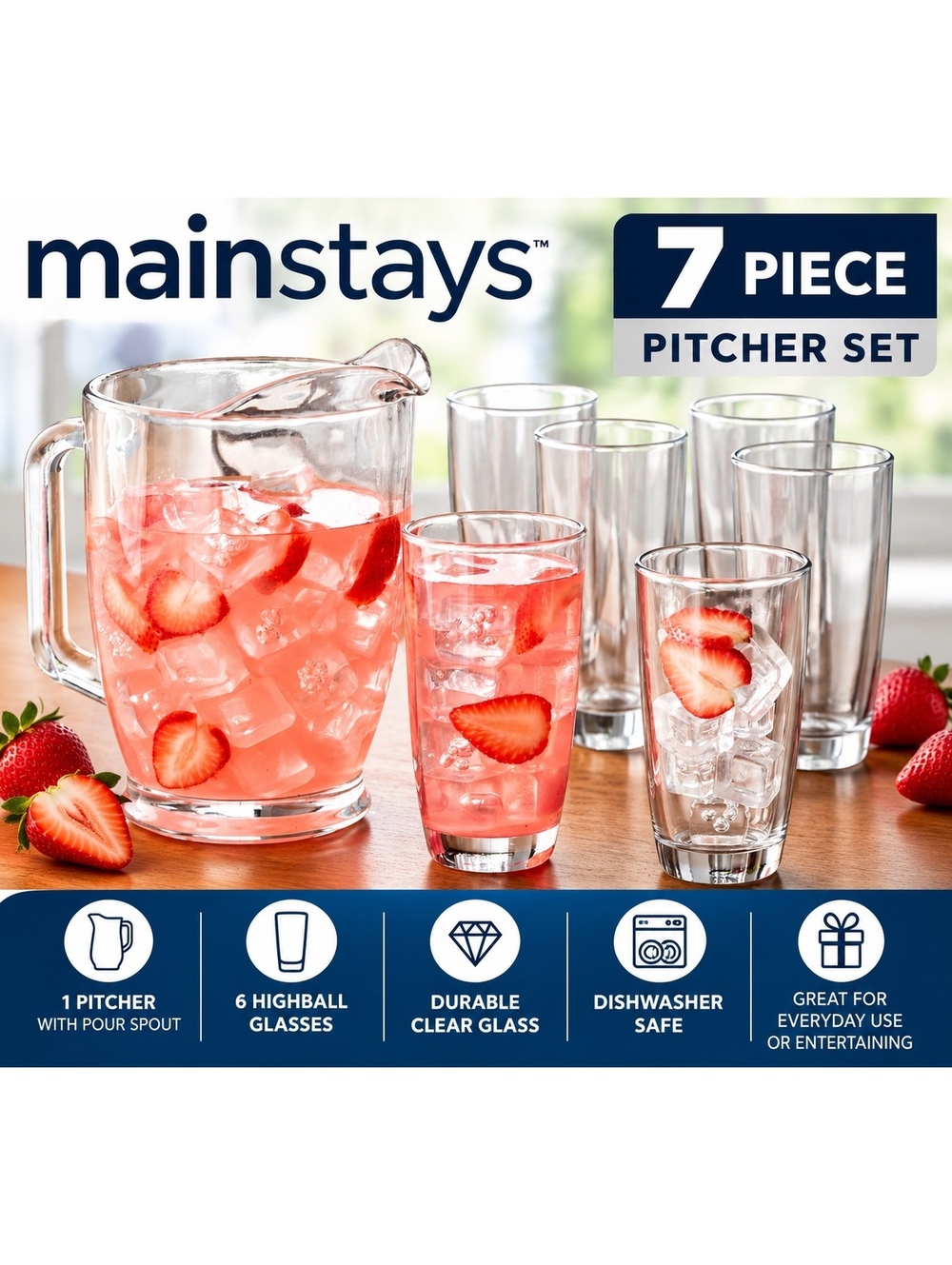 Mainstays 7 Piece Pitcher Set Clear Glass 1 Pitcher 6 Highball Glasses